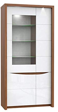 FORTE Saint Tropez Vitrine mit 3 Türen und 1 Glastür, Holzwerkstoff, Sangallo Eiche / Weiß Glanz, 41,9 x 93,6 x 189,3 cm