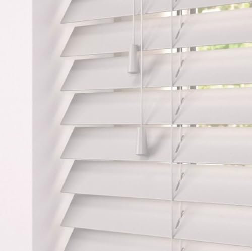 Faux Wood Window Venetian Blinds Blind 50mm Slats Trimmable String Design (White, 150 x 150 cm)