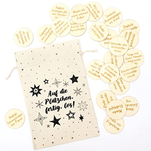 Papierdrachen Adventskalender ohne Schokolade - Aufgaben für die Weihnachtszeit - mit 24 Holztalern in hochwertigem Baumwollbeutel