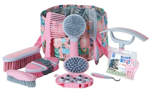 Harrison Howard ShineWell 9 Pieces Horse Grooming Kit Cleaning Set for Horses with Foldable Brush Bag