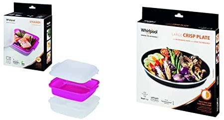 Whirlpool STM008 – Accessoire de cuisson pour Micro-ondes (cuiseur vapeur, Violet, Blanc, Blanc) & Wpro AVM305 Plat Crisp Diamètre: 30.5 cm pour Micro-Ondes Crisp Whirlpool