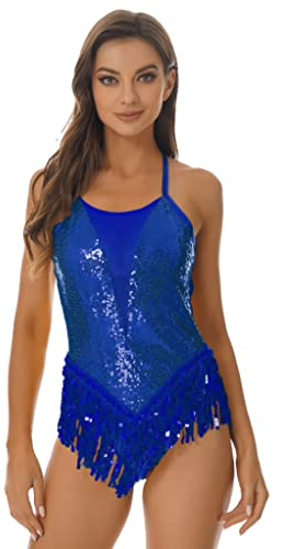 Runhomal Damen Pailletten Tanzbody Ballett Trikot mit Quaste Gymnastik Leotard Rückenfrei Spaghettiträger Gymnastikanzug Turnanzug Royal_Blau S