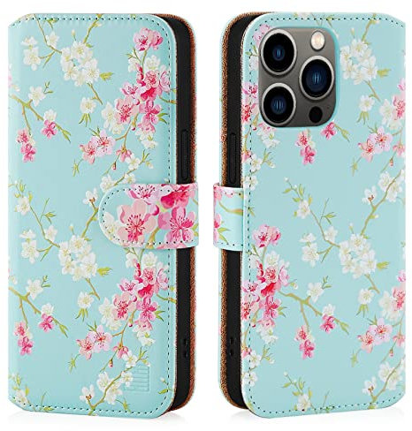 32nd Floral Series 3.0 - Design PU Leather Book Wallet Case Cover for Apple iPhone 14 Pro (6.1), Designer Flower Pattern Wallet Style Flip Case With Card Slots - Spring Blue
