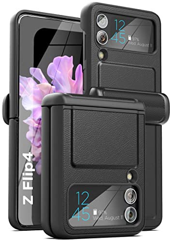 Encased Case for Samsung Galaxy Z FLIP 4 with Hinge Protection and Exterior Screen Protector (Black Leather)