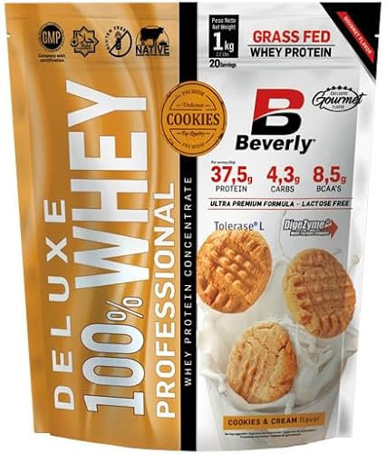 Beverly DELUXE 100% WHEY PROFESSIONAL | Proteína Whey 75% | 1 Kg | Con Dygezyme y Tolerase | Sabor Cookies and Cream | Aumento de masa muscular y fuerza