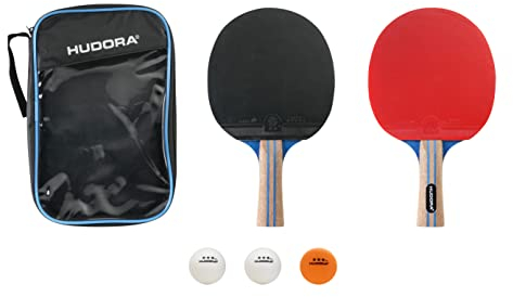 HUDORA Tischtennis Set Match - hochwertiges Tischtennisschläger Set mit 2 Schlägern & 3 Bällen - Ping Pong Schläger Set inkl. Aufbewahrungstasche - Tischtennis Schläger ideal für Geübte
