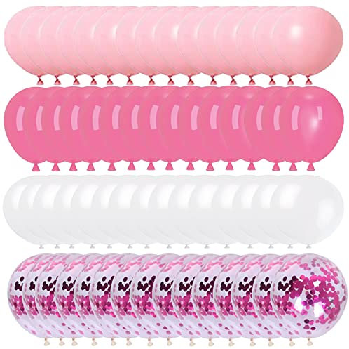 Yukiyi Pink White Balloons 60 Pack 12 Inch and Confetti Balloons,Pink Party for Birthday Decorations Girls Christening Baby Shower