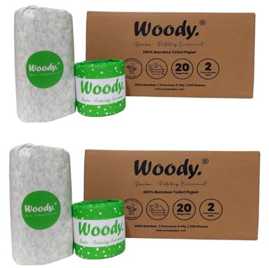 WOODY Bamboo Toilet Rolls Bulk Buy, 40-Count+ 4 Kitchen Rolls – Eco-Friendly 3-Ply Loo Rolls, 300 Sheets Per Roll, Soft & Strong Toilet Paper (Pack of 2)