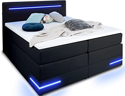 wonello Boxspringbett 180x200 mit Bettkasten und LED-Beleuchtung - gemütliches Bett mit LED Beleuchtung - Stauraumbett 180 x 200 cm mit Matratze und Topper - schwarz Kunstleder