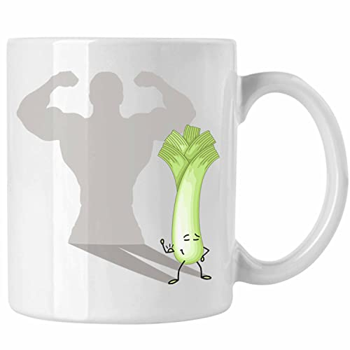 Trendation - Gym Tasse Fitness Geschenk Lauch Schatten Muskeln (Weiß)