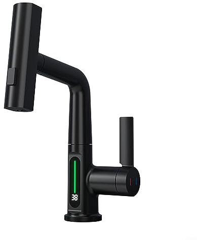 RANRAO Wasserhahn Bad Waschtischarmatur mit Ausziehbar Brause, Hebetyp Waschbecken Armatur, Badezimmerarmatur Mit LED-Temperaturanzeige, Anhebbarer Messing-Einhand-Waschtischmischer