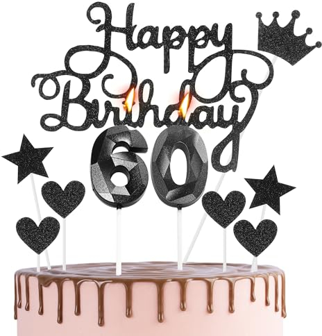 Happy 60th Birthday Cake Topper & Birthday Candles Black Number 60 Candles for Birthday Cake - 60th Birthday Candles Cake Cupcake Topper Birthday Cake Decorations for Women Men Birthday Black
