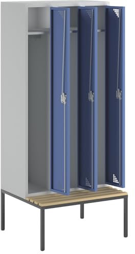 eurokraft | Spind Bremen Sitzbank | 3 Abteile | Türen brillantblau | Breite 900 mm