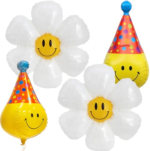 lächelndes Gesicht Luftballons Sets Blumen Daisy Foilballons,Hut mit lächelndem Gesicht Foilballons Für Hochzeit,Kinder,Geburtstag,Party,Babyparty Dekoration