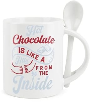 Purely Home Hot Chocolate Mug and Spoon Set - Hug from The Inside Cute Homely Gift - Ceramic White and Brown Hot Drink Mug with Spoon in Handle