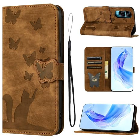 LSPCASA Étui pour Honor 90 Lite 5G 6.7 Matériau en Cuir PU Coque Honor 90 Lite avec Fentes pour Cartes Housse Protection Motif Papillon Chat Coque Honor 90 Lite 5G Brun