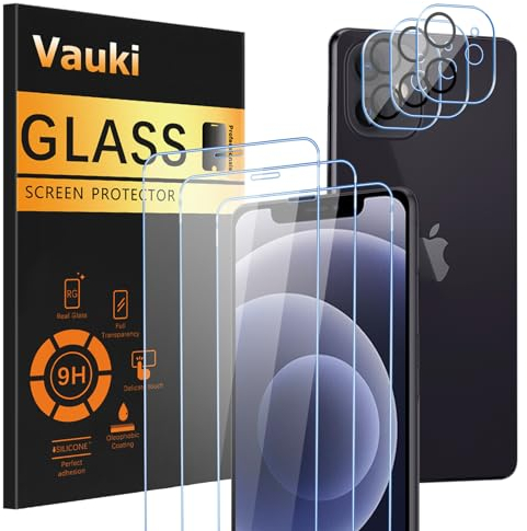 Vauki 3 Piezas Protector Pantalla para iPhone 12 con 3 Protector de Lente de Cámara,Cristal Templado 9H Dureza,Ultra Transparente HD,Antiarañazos,Sin Burbujas,Vidrio Película para iPhone 12