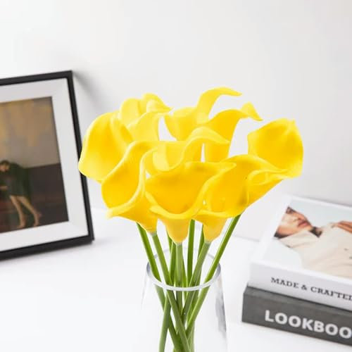 EboLD Künstliche Calla-Lilien-Blumen, weiß, Hochzeitsstrauß für Braut, künstliche echte Haptik, für Zuhause, Hochzeit, Party, Dekoration, Gelb, 5 Stück