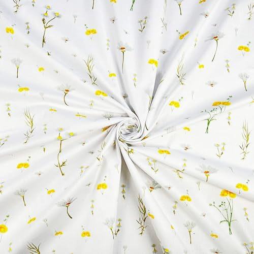 Textrend Baumwollstoff Stoffe Meterware - Stoff zum Nähen - 100% Baumwolle - Blumenmuster - Textilien 1x1.6m - Stoffe Meterware (Gelbe Feldblumen auf weißem Hintergrund)
