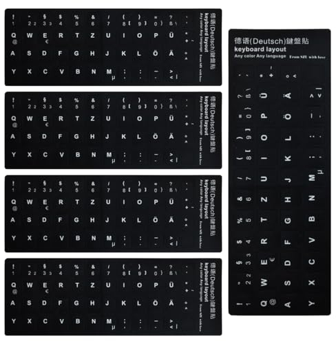 KSJEHW Tastaturaufkleber Deutsch - 5 Stück Tastaturaufkleber, Deutsche Tastatur Aufkleber,Deutsche Ersatz Aufkleber mit Weißen Buchstaben,Geeignet für Jede Standard-Tastatur,Laptop-Tastatur