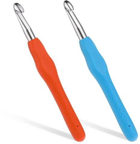 2 uncinetti da 9,0 mm, 10,0 mm, ferri da maglia con manico ergonomico per mani artritiche, manico colorato in TPR per principianti e uncinetto
