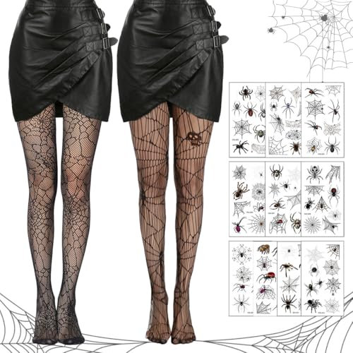 LGZIN Netzstrumpfhose Schwarz Halloween, 2 Paar Hohe Taille Mesh Strumpfhosen Strümpfe mit 10 Spinnentattoos, Strumpfhose Spinnennetz Halloween, Netzstrumpfhose Strumpfhosen für Halloween Karneval