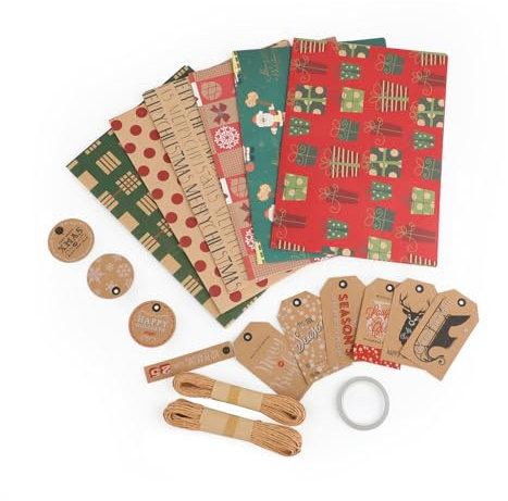 Wenrescry Gift Wrapping Set - 10 Pieces: 6 Sheets Recyclable Kraft Paper (50 x 70 cm), 2 Twine Rolls, Double-Sided Tape, 9 Postcards for Birthday, Party, DIY Crafts