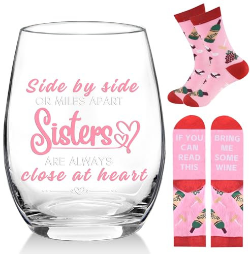 Sister Gifts Stemless Wine Glass, Best Sister Birthday Friendship Gifts Women-Side by Side or Miles Apart Sisters are Always Close at Heart, Personalised Gifts for Her Birthday Christmas Ideas 17oz