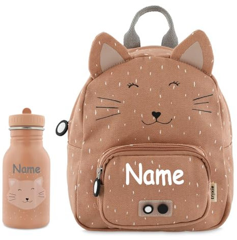 Elefantasie Personalisierter Kinderrucksack von Trixie mit Name für Kindergarten und Kita optional mit Trinkflasche Motiv Katze altrosa (Rucksack + 350ml Flasche)