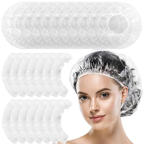 Giantree 100 Pcs Disposable Shower Caps, Waterproof Shower Caps Thick Plastic Clear Hair Cap for Women Spa Salon Hair Treatment Hotel Travel Accessories Regular Size 16.5