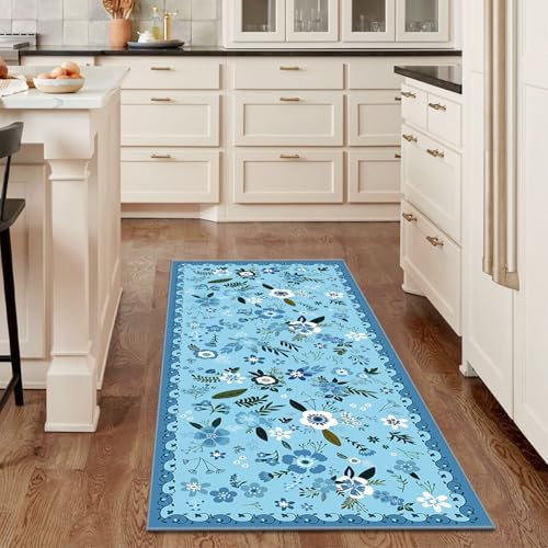 WTHYGB Teppich Läufer Flur Küche rutschfest Waschbar Teppichläufer Flur, 80x200cm Lang Modern Blumen Küchenteppich, Bettvorleger, Teppich Läufer für Korridor, Schlafzimmer, Wohnzimmer - Blau