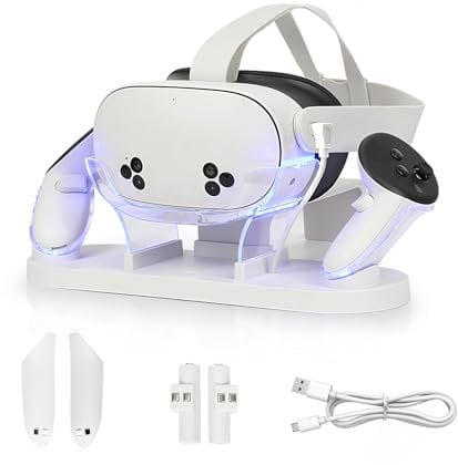 Growalleter for Meta Quest 3S/3 Charging Dock, VR Charger Station Stand With LED Indicator Light and 2 Touch Controller Grips Rechargeable Batteries (White)