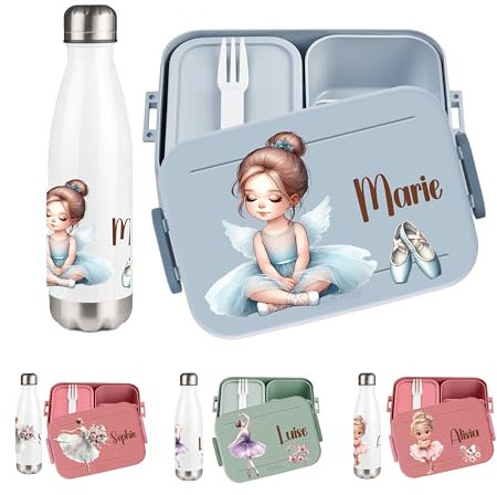 wolga-kreativ Personalisiertes Set Mepal Brotdose und Kinderflasche Balerina für Mädchen - Bento Lunchbox mit Fächern und Unterteilung Geschenk Schule Kindergarten