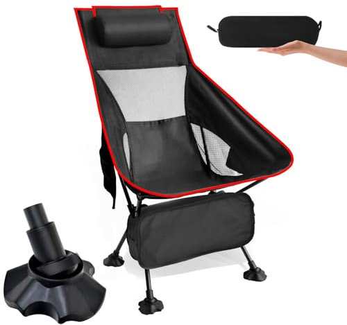 Campingstuhl Faltbar Klein 120kg,Ultraleicht Mini Camping Stuhl Kompakt und Froschfüße,Mit Seitentaschen und Kopfstützen,Stuhl mit Hohem Rücken,Zum Angeln im Freien/Wandern,(Hoher Rücken, Rot)