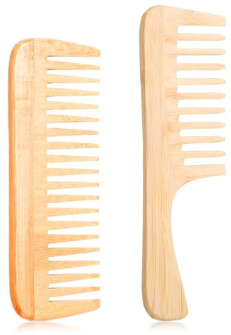 Gjinxi 2 peines de dientes anchos de bambú, juego de peines de bambú natural, cepillos de pelo pequeños, peine grande para desenredar el cabello, peine de rizos de madera, peine antiestático de madera