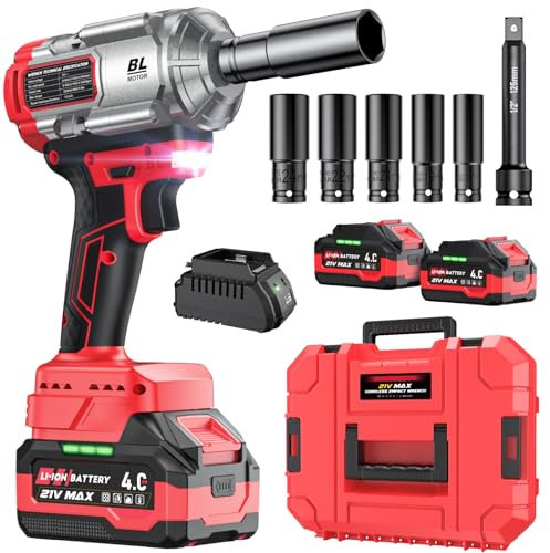 Avvitatore a percussione senza fili, 1200 nm (900 Ft-lbs) Pistola a percussione senza spazzole da 1/2, driver a percussione ad alta coppia da 21 V, ideale per batterie 2 x 4,0 AH a velocità variabili