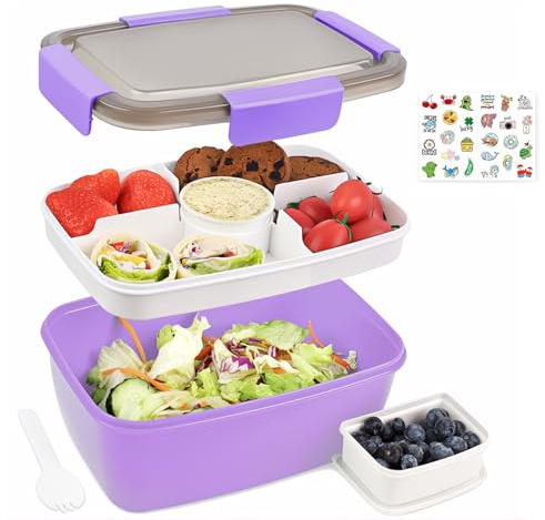 Bugucat Lunchbox Erwachsene 2000ML mit Aufkleber,Auslaufsichere Brotdose Erwachsene Bento Box mit Fächern für Kinder,Salatbehälter Salatbox to Go mit Gabel,Brotdose Frühstücksbox,Lila