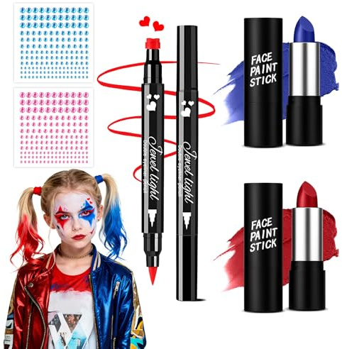 Ronronner Quinn Halloween Make Up Set - Clown Schminke Kit mit 2 Schminkstiften (Rot & Blau), Dual-End Eyeliner, 2 Glitzer Tattoos (Pink & Hellblau) für Karneval, Cosplay und Gesichtsbemalung