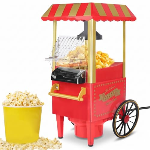 Popcornmaschine, Retro Heißluft Popcorn Maker für fettfreies & ölfreies Popcorn, Gesunde Popcorn Maschine für Zuhause, Rot, Popkornmaschine ohne Öl