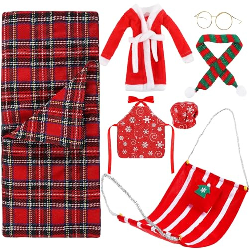 8 Stück Wichtel Zubehör Weihnachten, Weihnachtself Zubehör, Weihnachten Elf Puppe Kostüm Zubehör, Einschließlich Schlafsack, Bademantel, Gläser, Hängematte, Schürze, Schal, Mütze, Kissen