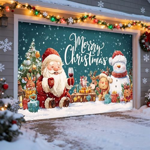 Garagentorabdeckung für Weihnachten, 4 x 1,8 m, großer hängender Schnee, Weihnachtsmann, Rentier, Garagen, Türen, Hintergrund für Garagen, Türen, Party, Hof, Wand, Haus, Terrasse