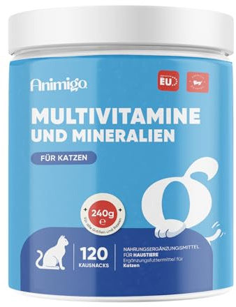 Animigo Multivitamine für Katzen - 120 Vitamine Kausnacks - Mit Vitamin B Komplex(Biotin, Folsäure), C, D3, Kalzium, Eisen, Kupfer, Jod, Zink - 18 Mineralien & Vitamine für Katzen & Kätzchen Immunität