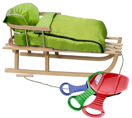 BirnePower Holzschlitten 90cm mit Rückenlehne und Winterfußsack 90cm oder 108cm Komplettset inkl. Zugseil & Gurt, Rodelschlitten aus Buchenholz