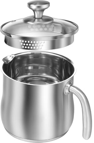 Casserole en acier inoxydable, pot à lait 2L avec bec verseur - Couvercle en verre pour faire bouillir le lait, la sauce, les pâtes et les nouilles