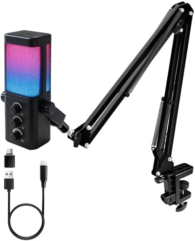 VCOM USB Microphone for PC,Condenser Dynamic Boom Arm Mic for Podcasting,Streaming, with Monitoring Headphone 3.5mm Jack,Quick Mute,RGB Indicator,Shock Mount,Rotate gain Button,Black
