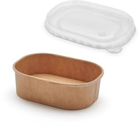 Nupik – 50 Unidades Envases de Cartón Kraft Rectangulares- 150 ml con Tapa R‑PET Transparente – Recipientes Desechables Extra Grandes para Comida para Llevar, Take Away y Delivery