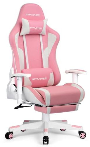 GTPLAYER Gaming Stuhl mit Fußstützen Lautsprecher Bluetooth, Gamer Stuhl Ergonomischer Computerstuhl Bürostuhl Schreibtischstuhl PC Stuhl mit 3D-Armlehnen, 200KG, Rosa