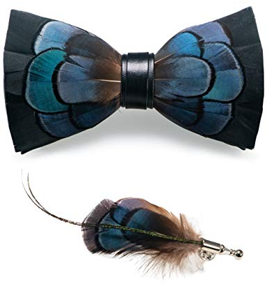 JEMYGINS Ensemble nœud papillon et broche pré-noués à la main en plumes pour homme, Bleu paon/noir, Medium