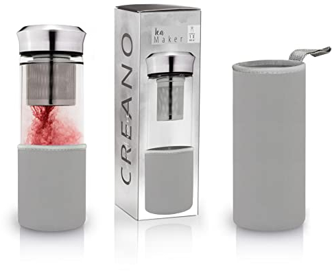 Creano Infusiera di Tè „Teamaker“ – Bottiglia di Tè To Go di Vetro con Colino per Tè Sciolto inkl. Borsa di Neoprene | 400ml (Grigio)