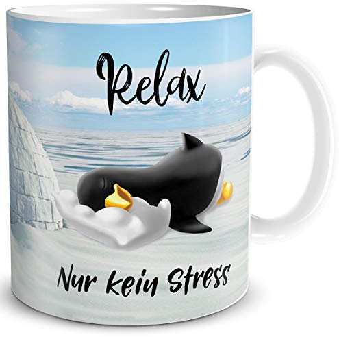 TRIOSK Pinguin Tasse Relax Kein Stress mit Spruch lustig Geschenk für Arbeit Büro Frauen Freundin Kollegin Pinguinliebhaber, Keramik 300ml
